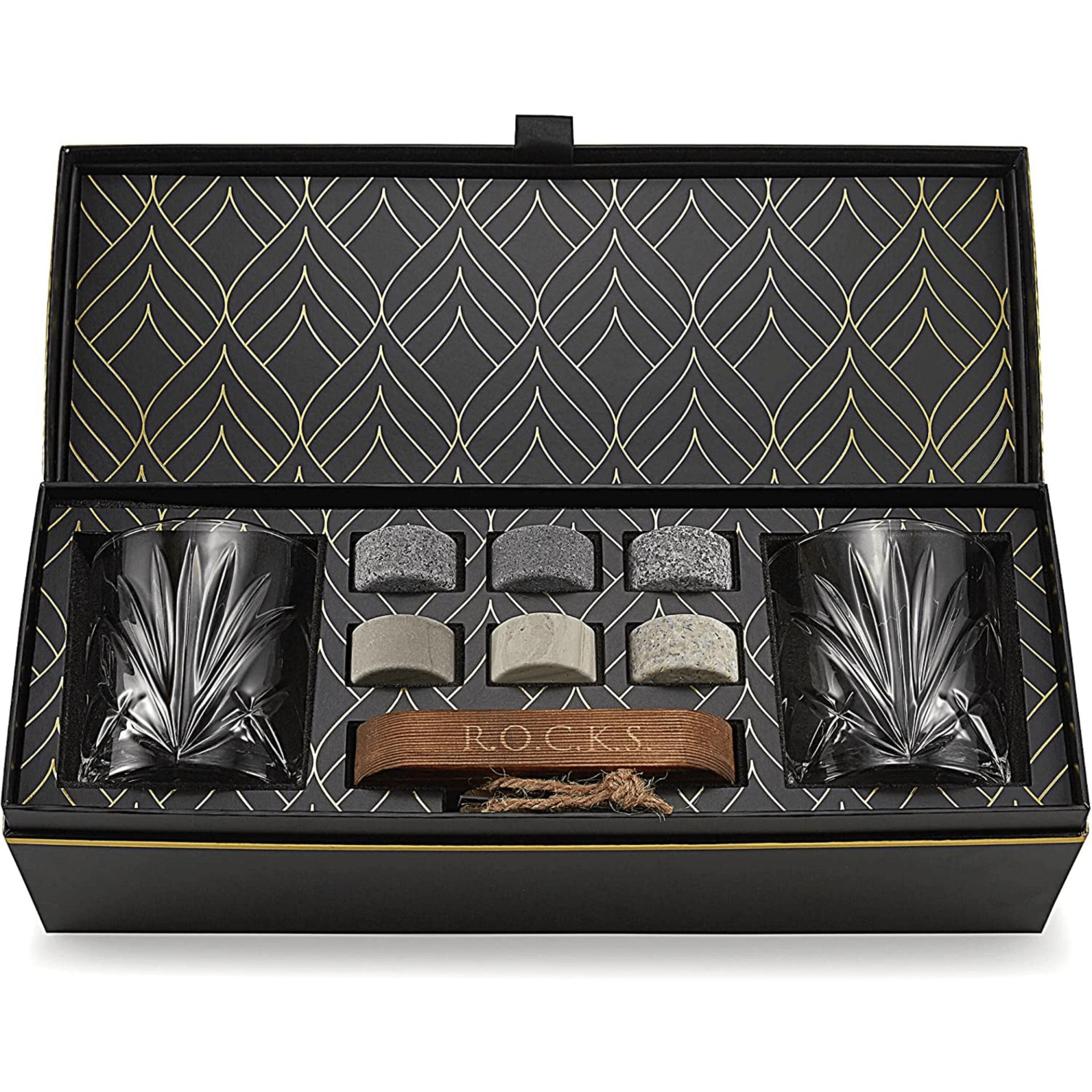 Featured in this image is the whiskey chilling stones gift set, with 2 crystal glasses